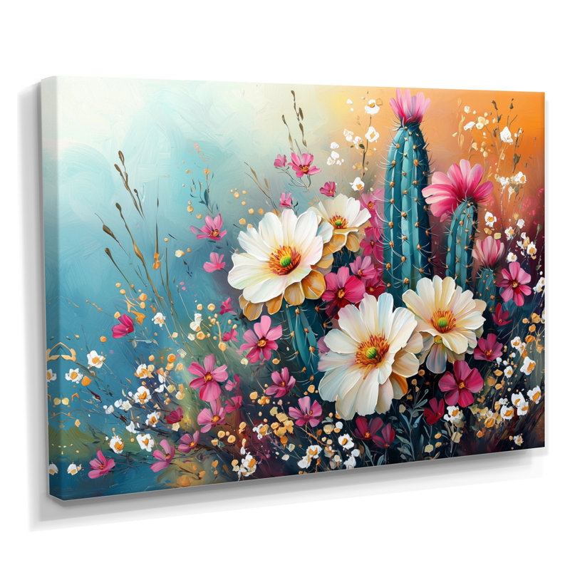 Cactus jaune et rose - Cactus, H 30 po x l 40 po, Toile tendue sur cadre, Ne s’applique pas
