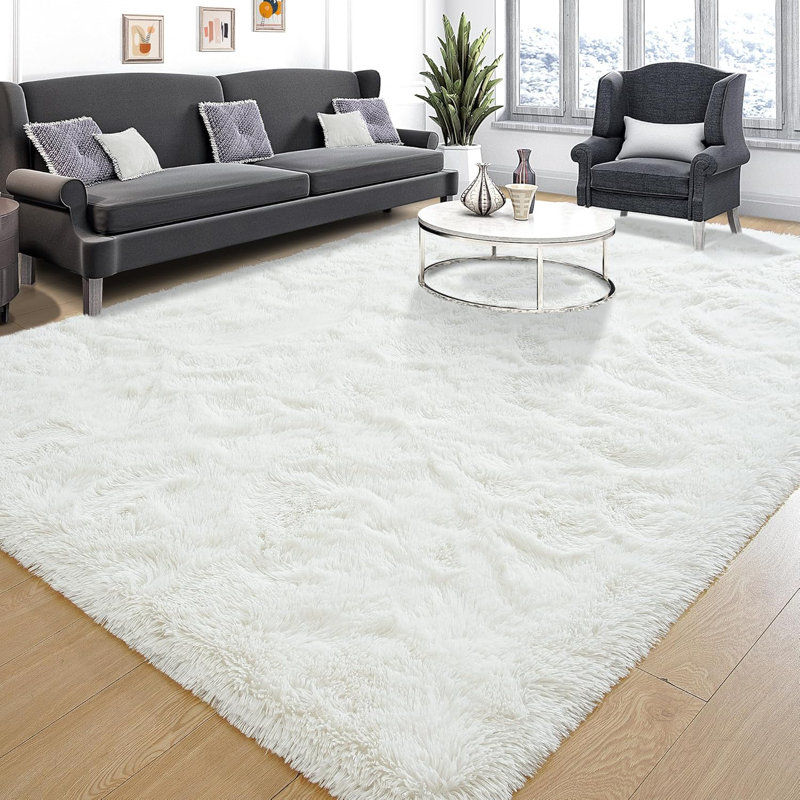Tapis à poils longs de grande taille, très moelleux et minimaliste, Rectangle de 10 pi x 14 pi, Crème