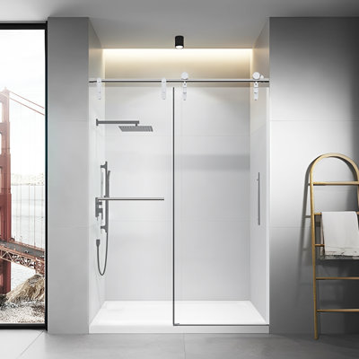 Porte de douche coulissante simple sans cadre l 50 à 54 po x H 76 po, verre trempé 5/16 po, chrome