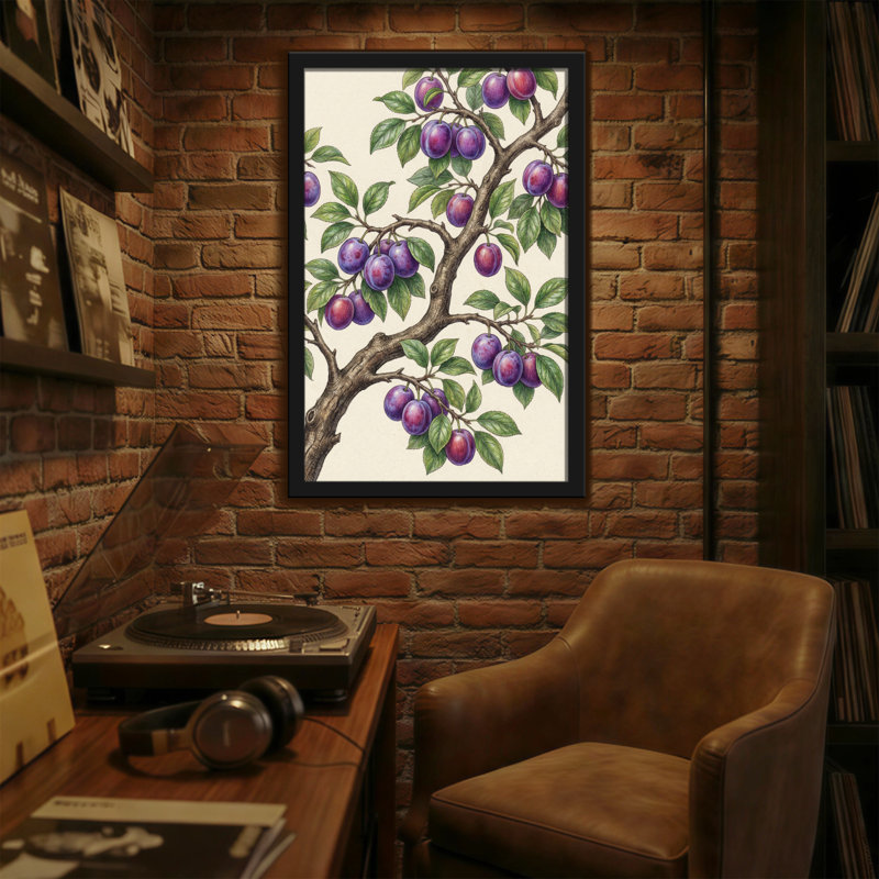 Plantes et fleurs branche de prunier avec fruits mauves et feuilles vertes, H 18 po x l 12 po