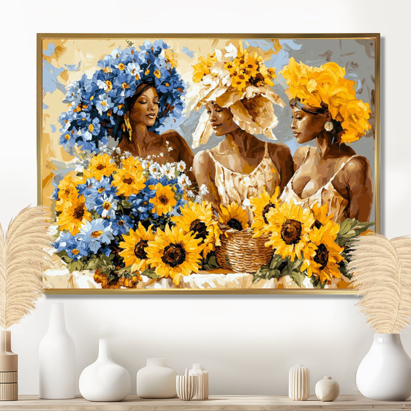 «Blooming Women with Sunflowers In Summer» - Art mural tournesols, H 34 po x l 44 po, Doré