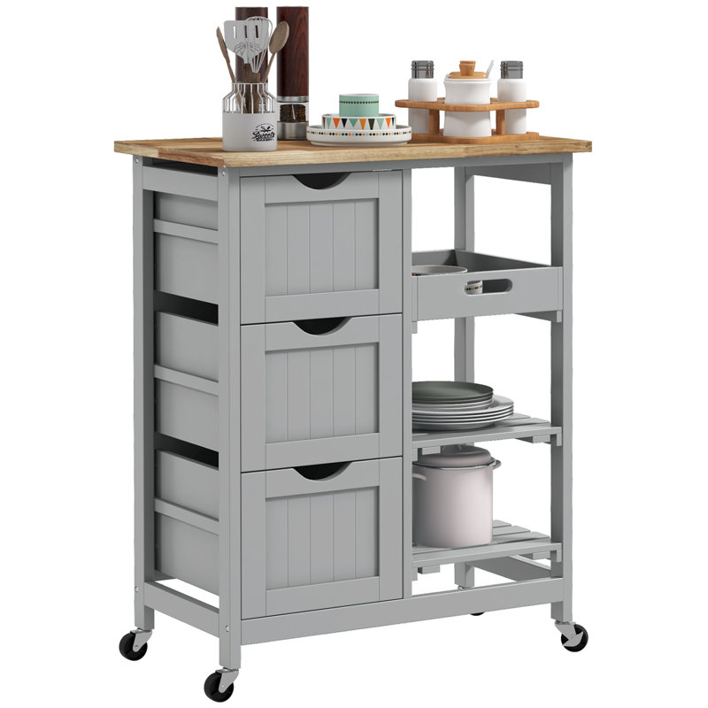 Nashley Rolling Kitchen Cart, Bar Serving Cart, Compact Trolley On Wheels With Wood Top, Shelves & Drawers For Home Dining Area