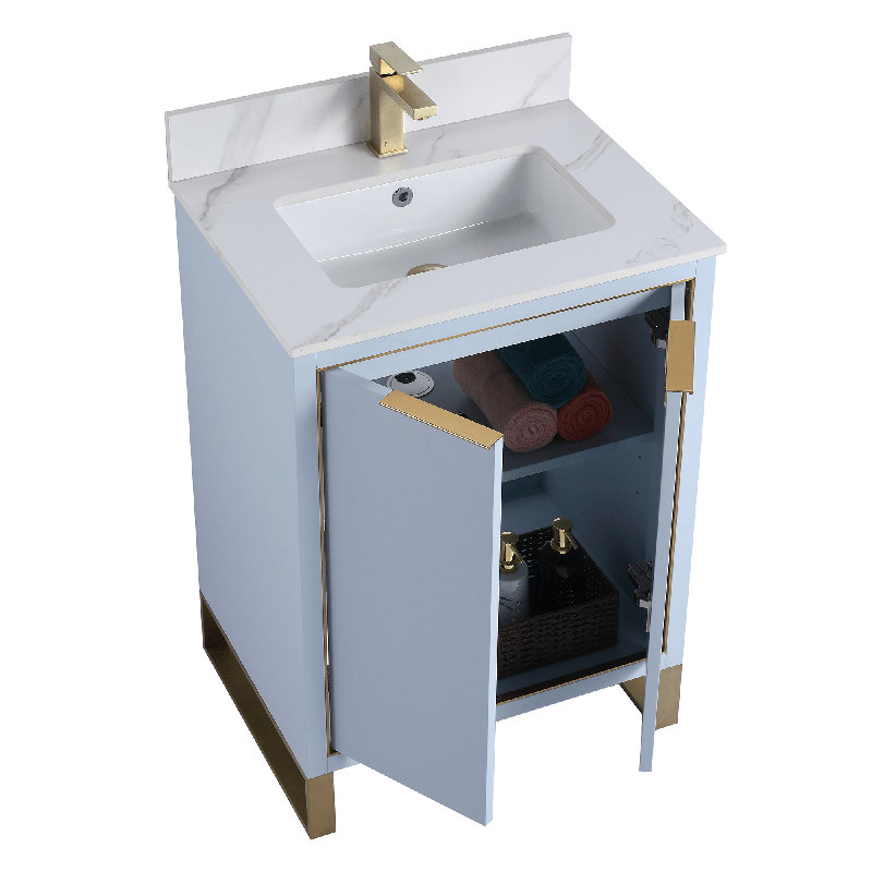 Minday 24'' Single Bathroom Vanity with Stone Top, Satin Brass, Pastel Blue