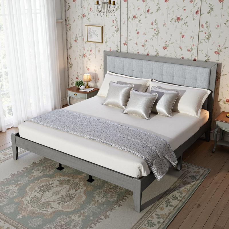 Upholstered Platform Bed with Tufted Headboard, Solid Rubberwood Panel Bed, King