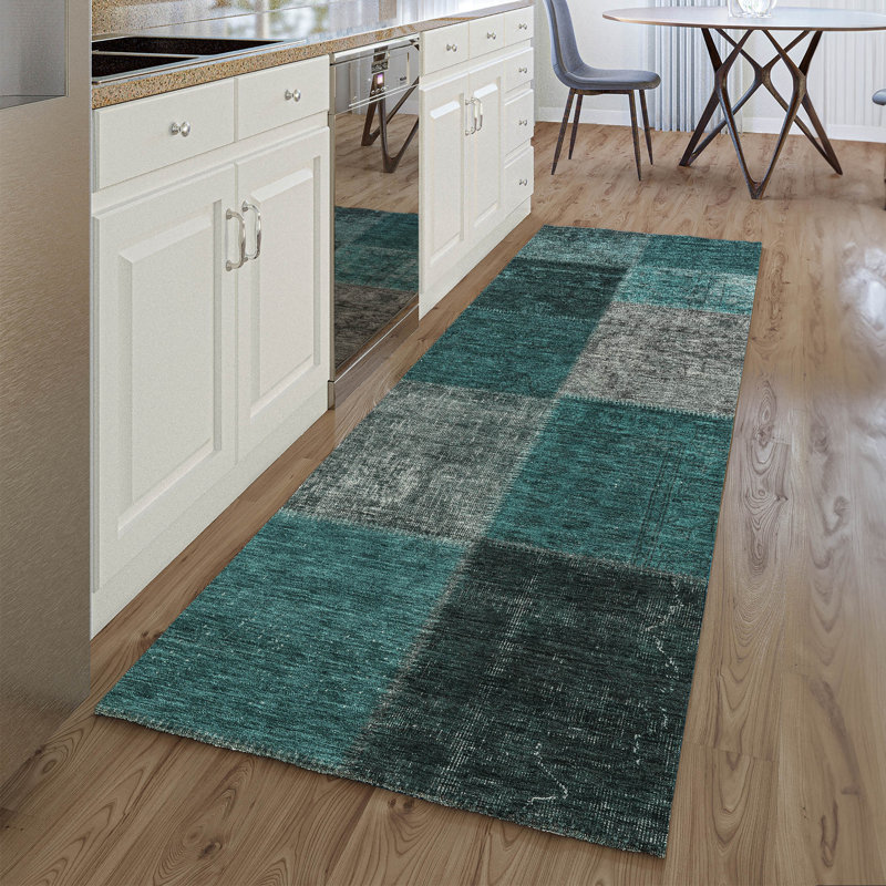 Tapis bleu sarcelle lavable à la machine Premium Prisco, Tapis de couloir 2 pi 3 po x 7 pi 6 po