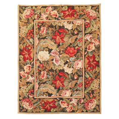 Tapis traditionnel vert en laine tissé à la main 4 pi 6 po x 6 pi 1 po Aubusson