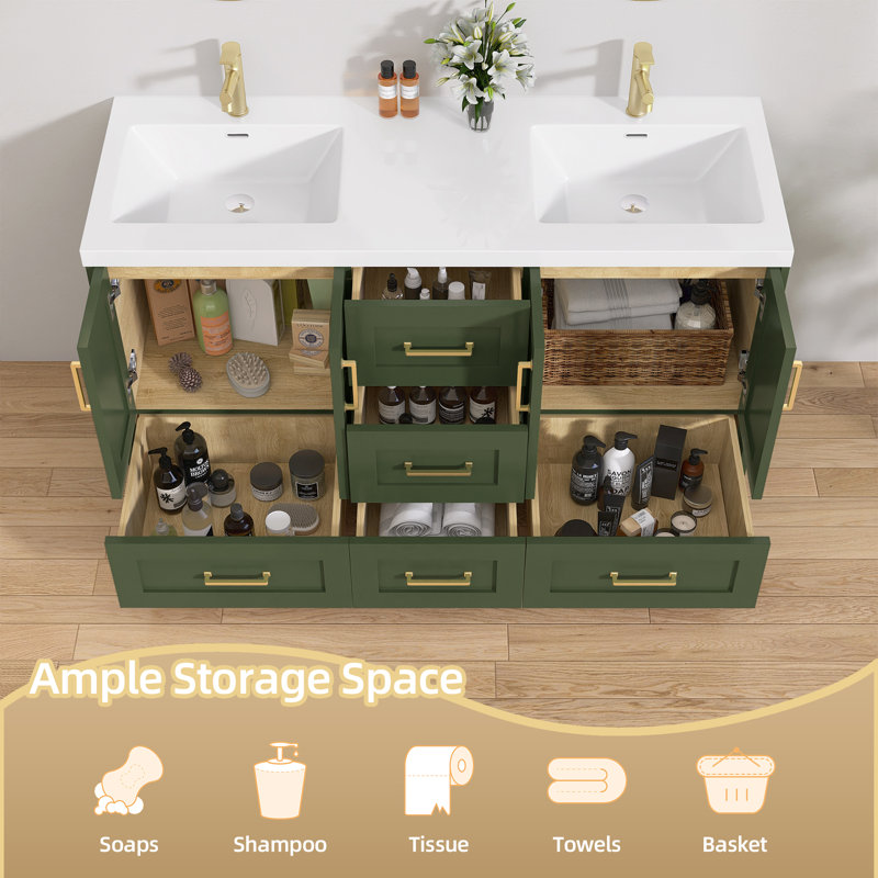 Elyette Solid Wood 60'' Double Bathroom Vanity with Solid Surface Top, Green, Gold
