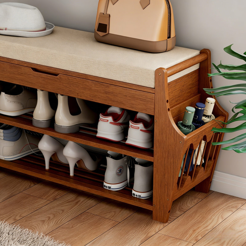 Banc à chaussures à 3 niveaux en bambou avec rangement et tablettes latérales, 19.7" H x 34.3" W x 11.8" D