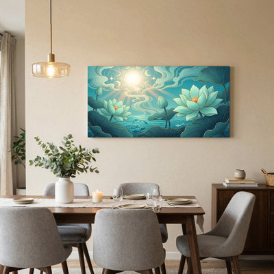 Teal Lotus Flowers and Fish Swimming in Blue Water Canvas Wall Art 47 x 24 x 1.5 Inch