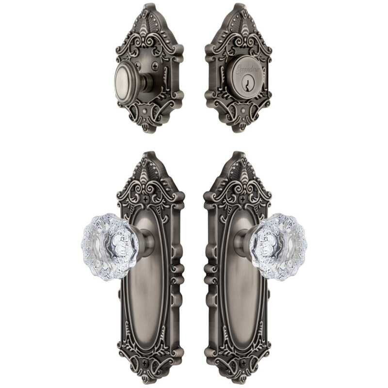 Grandeur Grande Victorian Long Plate Entry Set with Fontainebleau Crystal Knob in Polished Nickel, 2.375", Antique Pewter