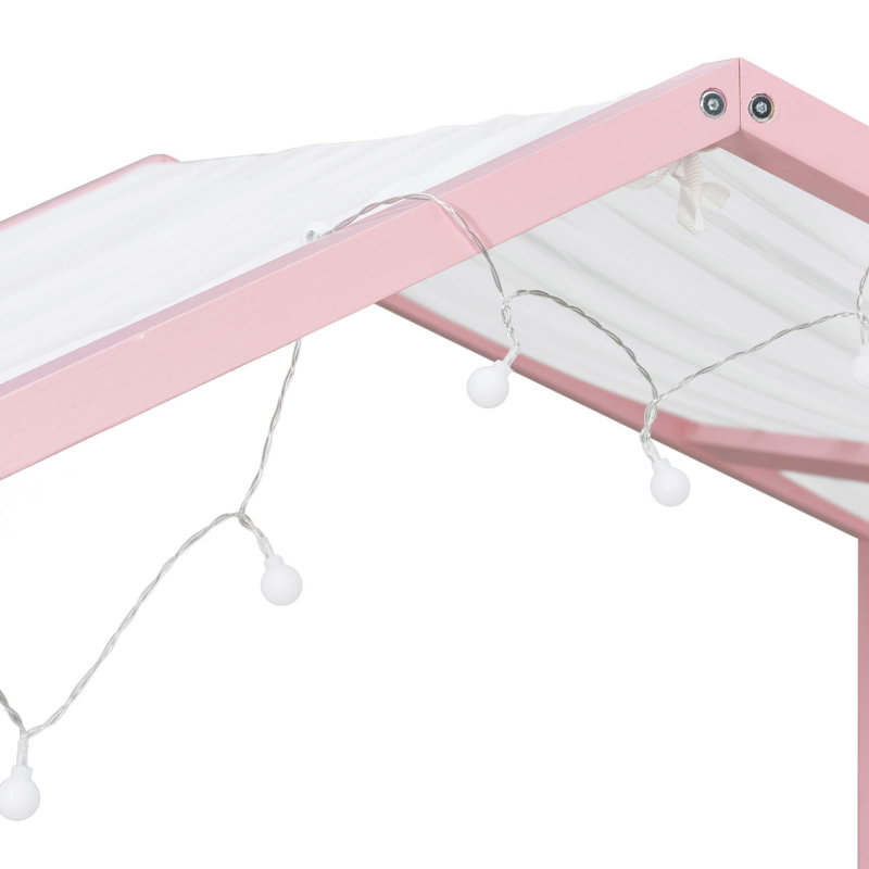 Lit plateforme simple avec baldaquin en tissu transparent et guirlande lumineuse, Rose