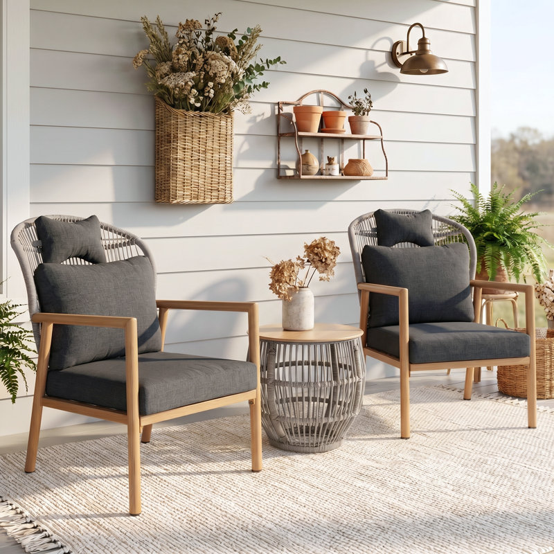 Ensemble de conversation de patio pour 2 personnes avec coussins, chaises d'extérieur en corde tissée avec table basse