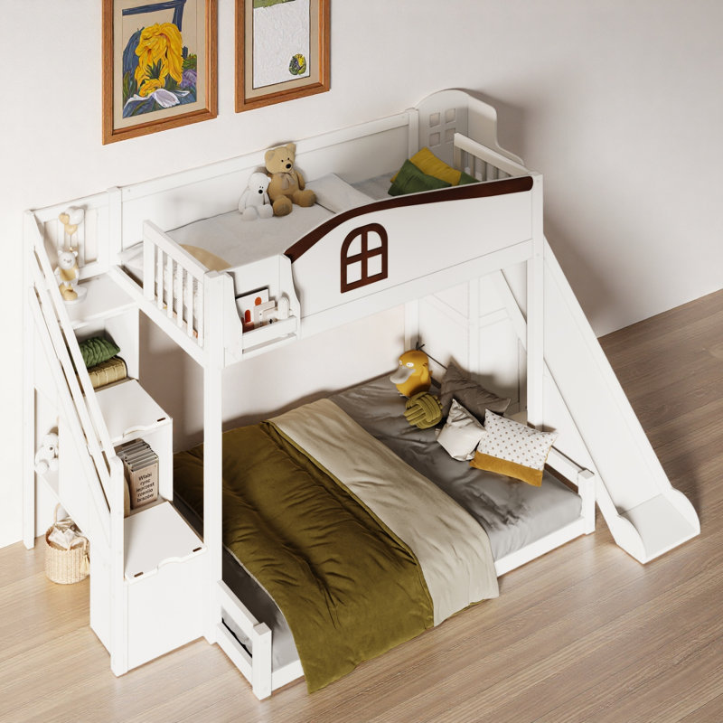 Lit superposé avec escalier de rangement, tablette, glissade et garde-robe, Blanc
