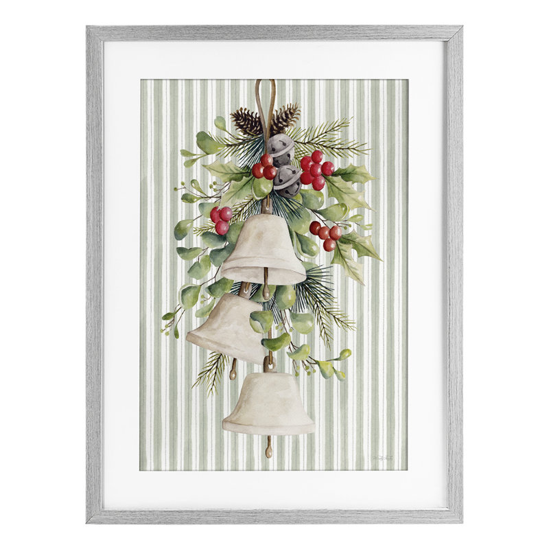 «Holiday Bells» avec impression de houx encadrée sous verre, design par Cindy Jacobs, H 20 po x l 14 po, Cadre de ferme gris