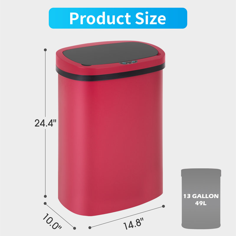 Red Brushed Plastic Touchless Rectangular Kitchen Trash Can