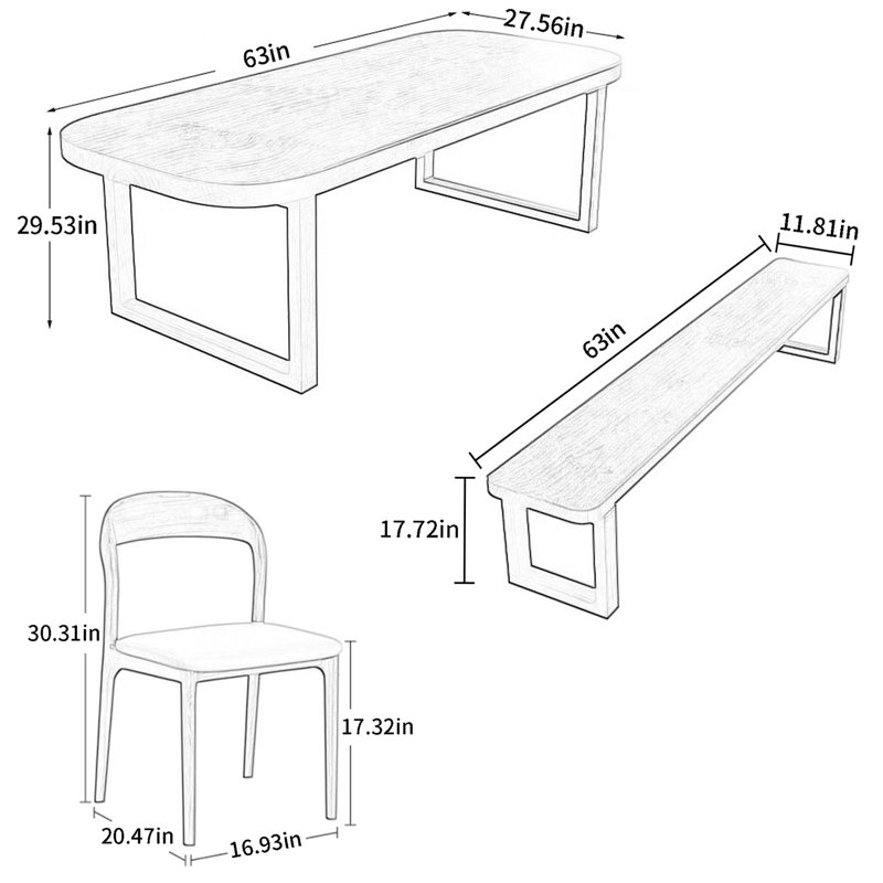 Ensemble de salle à manger rectangulaire, H 29,53 po x L 63 po x l 27,56 po, Ensemble 4: 1 table, 1 banc, 2 chaises