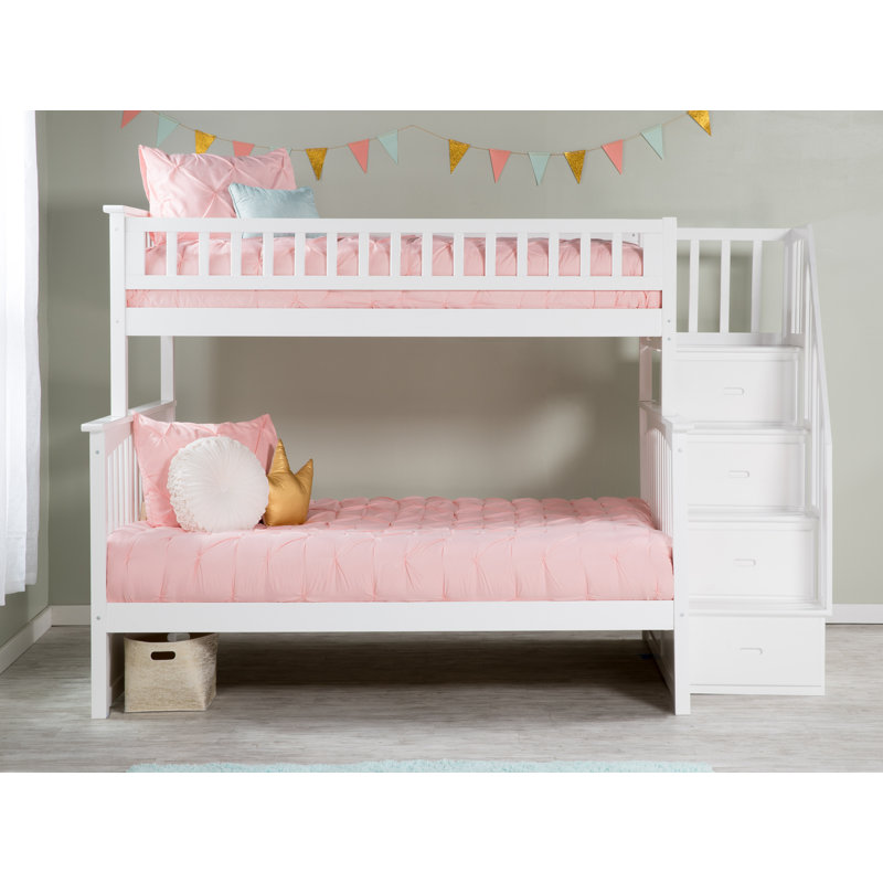 Lit superposé d'escalier en bois massif Flinn Kids, Simple sur double, Blanc