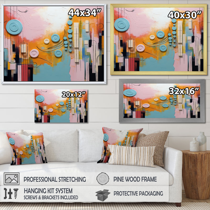 «Colorful Orange and Blue Play Forms III», art mural géométrique, Toile tendue, H 34 po x l 44 po x P 1,5 po