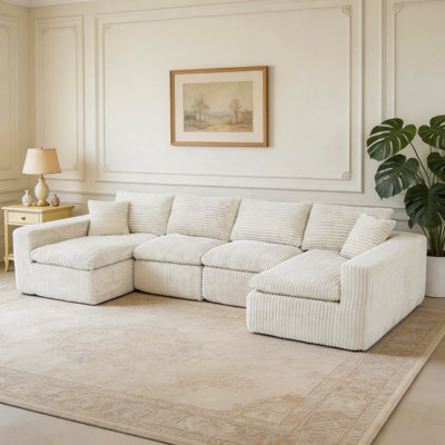 Modular Sectional Cloud Couch for Living Room - 130" Modular U Shaped Sectional Couch, No Assembly Compression Sofas, Comfy Floor Sofa with Memory Foam,Beige White