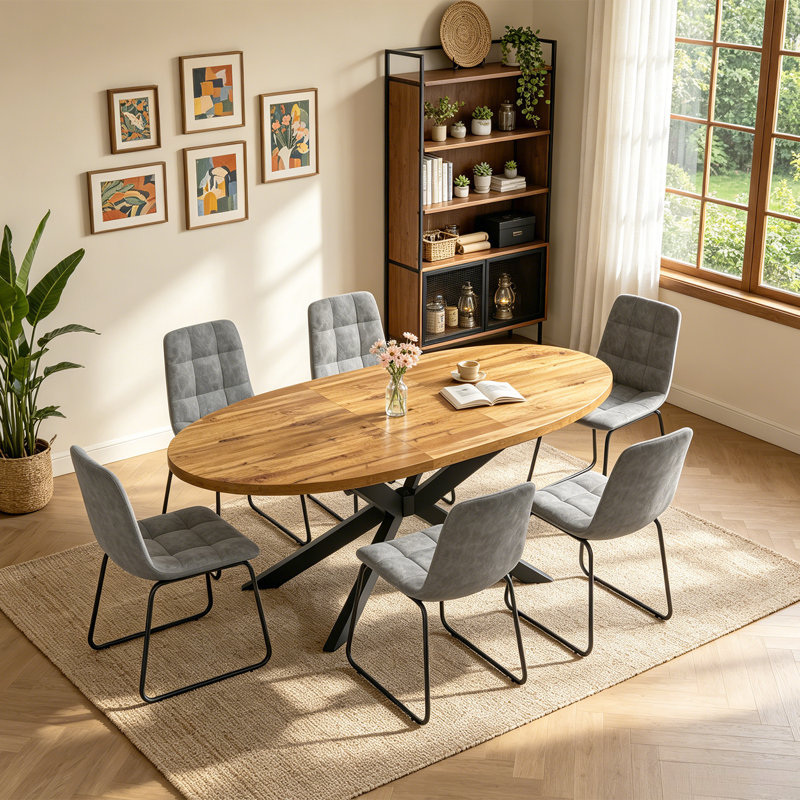 63.1"-78.8" Extendable Round Dining Table Set, 7-Piece Oval Kitchen Table with 6 Upholstered Dining Chairs , Dark Gray