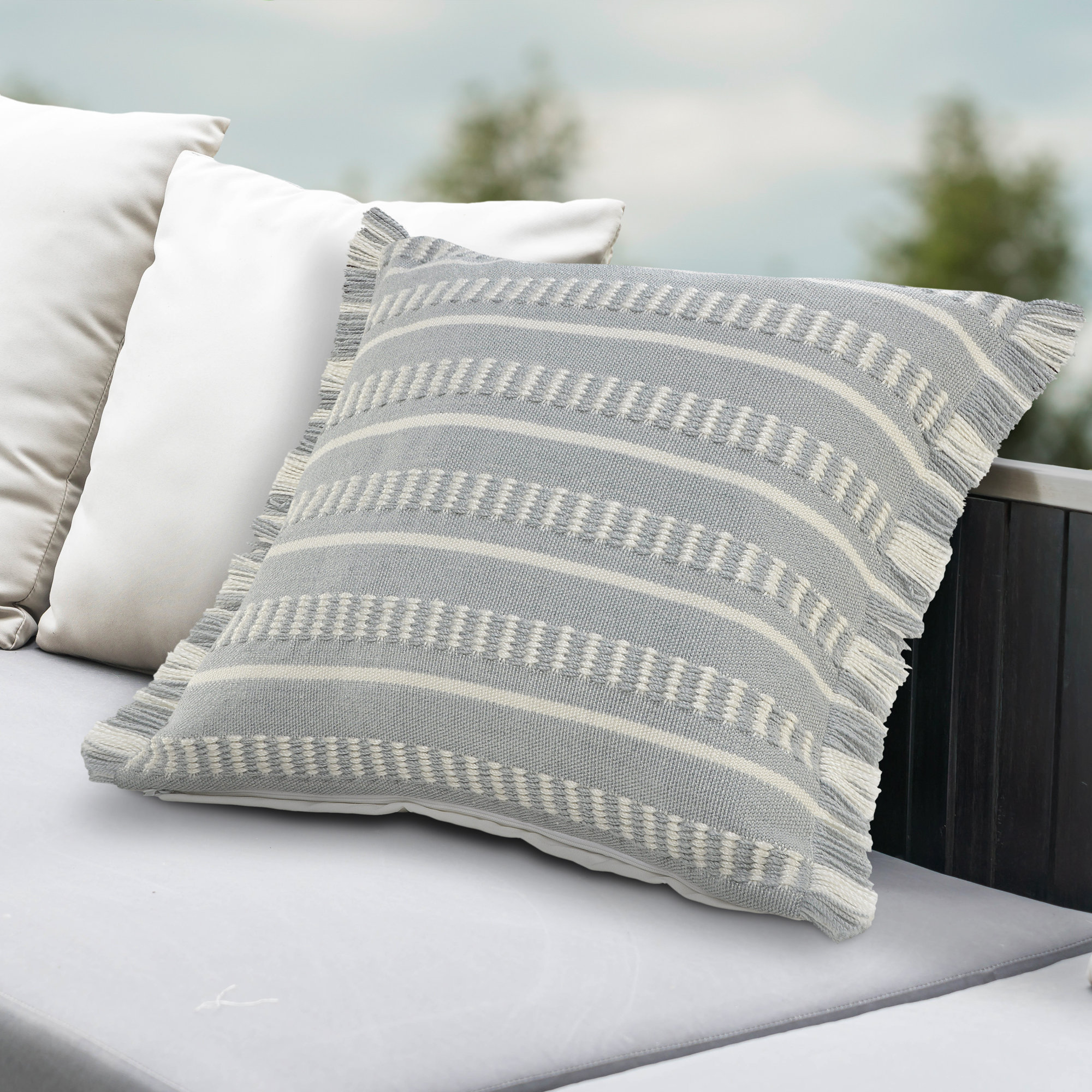 Ava Fringed Indoor/Outdoor Throw Pillow, Polyester/Polyfill, Gray