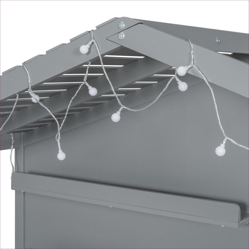 Structure de lit simple pour maison avec rangement, gris ardoise en bois massif avec tablettes intégrées et bande lumineuse sur le toit