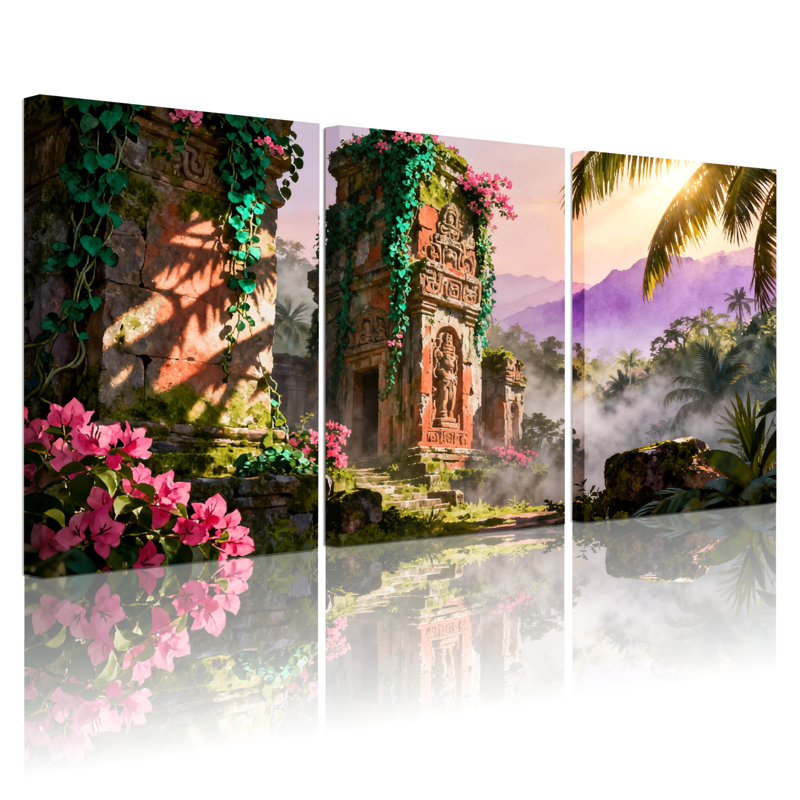 Paysage et nature, ruines d'un temple antique, fleurs tropicales, coucher de soleil, ensemble de 3 impressions sur toile