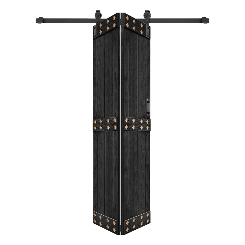 Mid-Bar Style Solid Wood 2 panels Bi-Fold Barn Door with Hardware Kit -Assembly Needed, Ebony, 30" x 84"