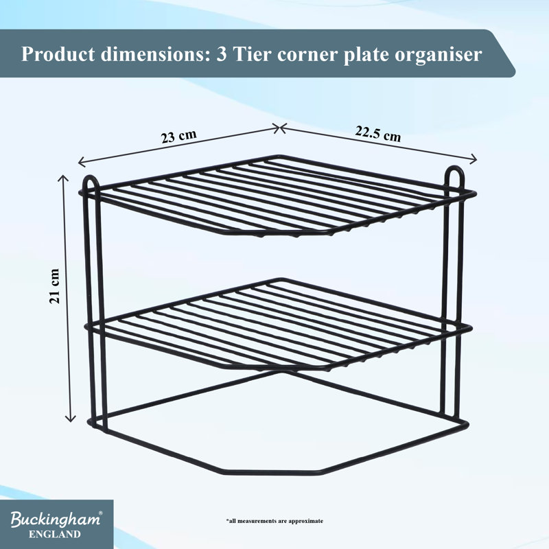 Buckingham 3 Tier Corner Plate Rack Kitchen Cupboard Tidy Storage Organiser, Black