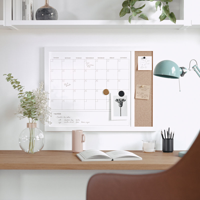 White Woodgrain 24" x 18" Magnetic Dry Erase Calendar and Cork Board Combo