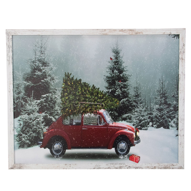 Art mural en toile de Noël rétro encadré de voiture avec éclairage DEL - 15 po x 19 po