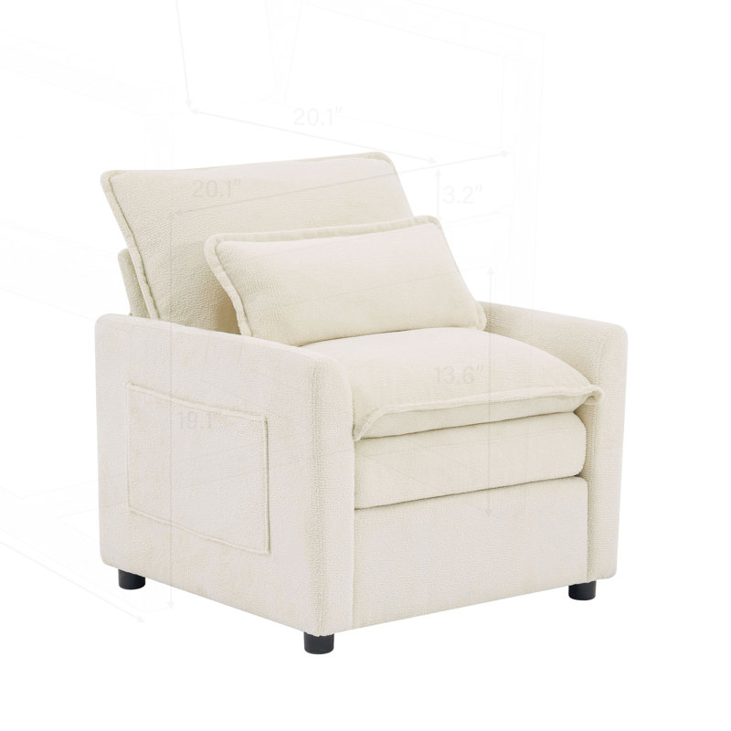 Fauteuil rembourré moelleux avec coussin double couche et poches de rangement latérales, Beige
