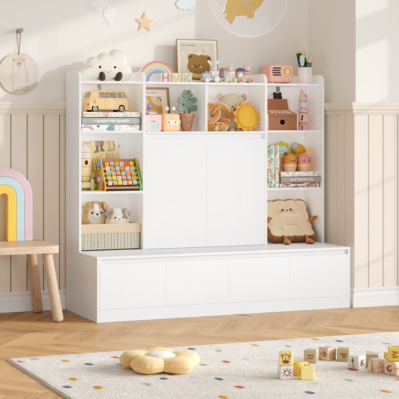 All-in-One 54''W Storage Bookcase with Hidden Drawers and  Adjustable Shelves, White