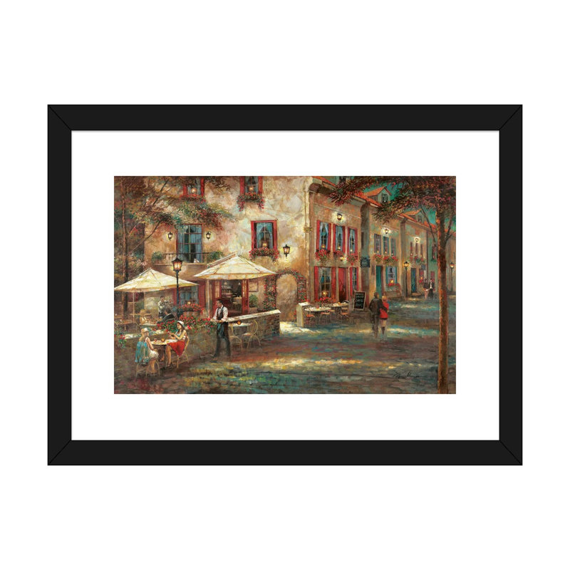 «Courtyard Café» par Ruane Manning - reproduction d'art, H 16 po x l 24 po x P 1 po, Blanc, Papier encadré noir