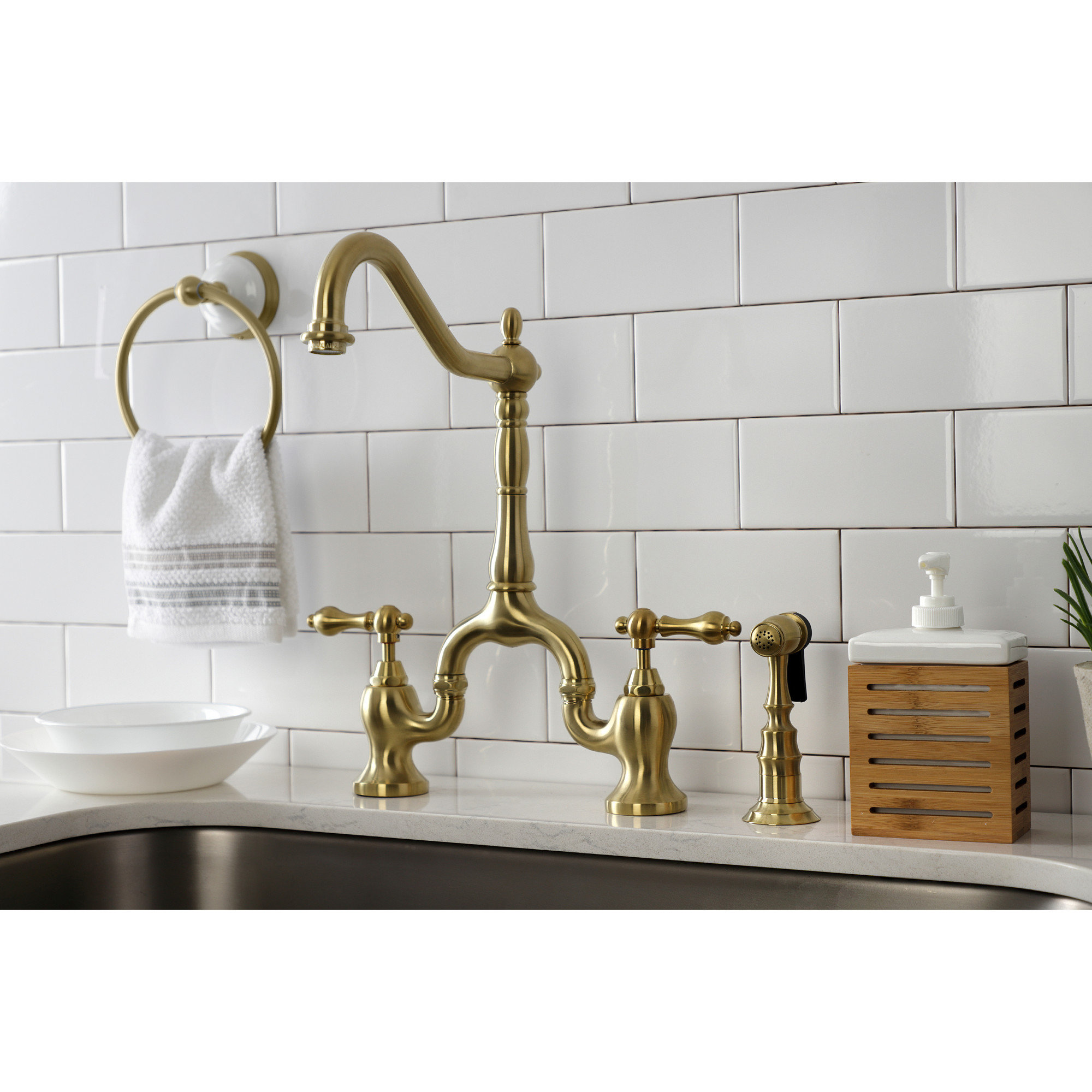 Kingston Brass English Country Two-Handle 3-Hole Deck Mount Bridge Kitchen Faucet with Brass Side Sprayer, Brushed Brass