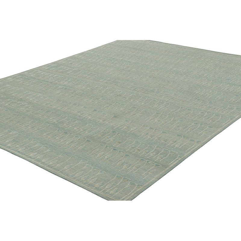 Rug & Kilim’S Block Print Custom Rug Design With Blue And Green Floral Patterns, Rectangle 10' x 14'