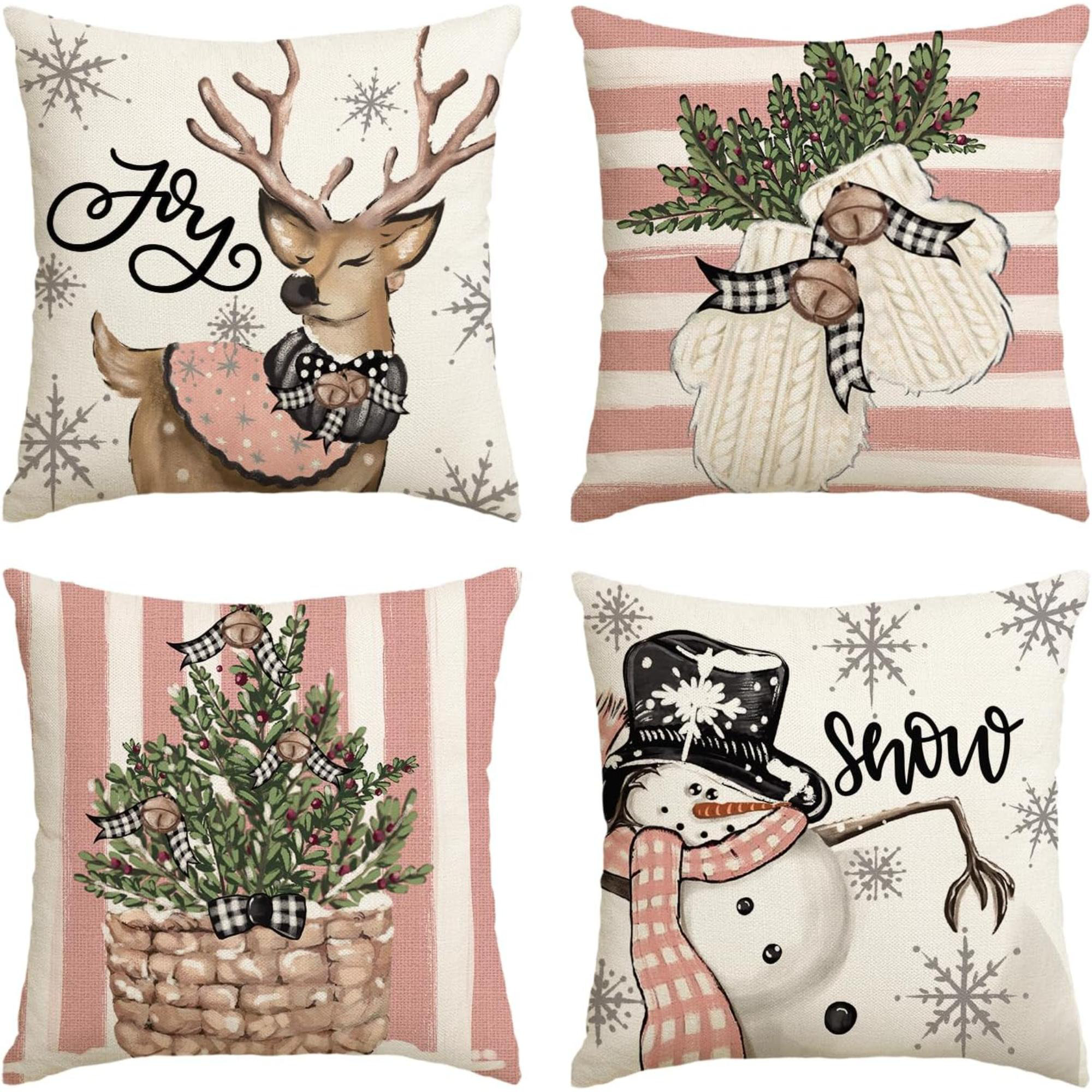 Textiles Hub Pink Christmas Snowman Reindeer Gloves Eucalyptus Throw Pillow  Covers, 18 X 18 Inch Winter Holiday Stripes Cushion Case Decoration For