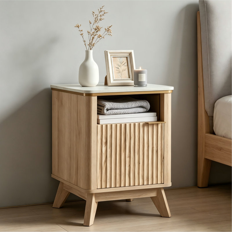 Fluted Nightstand With Charging Station, Yellow/White