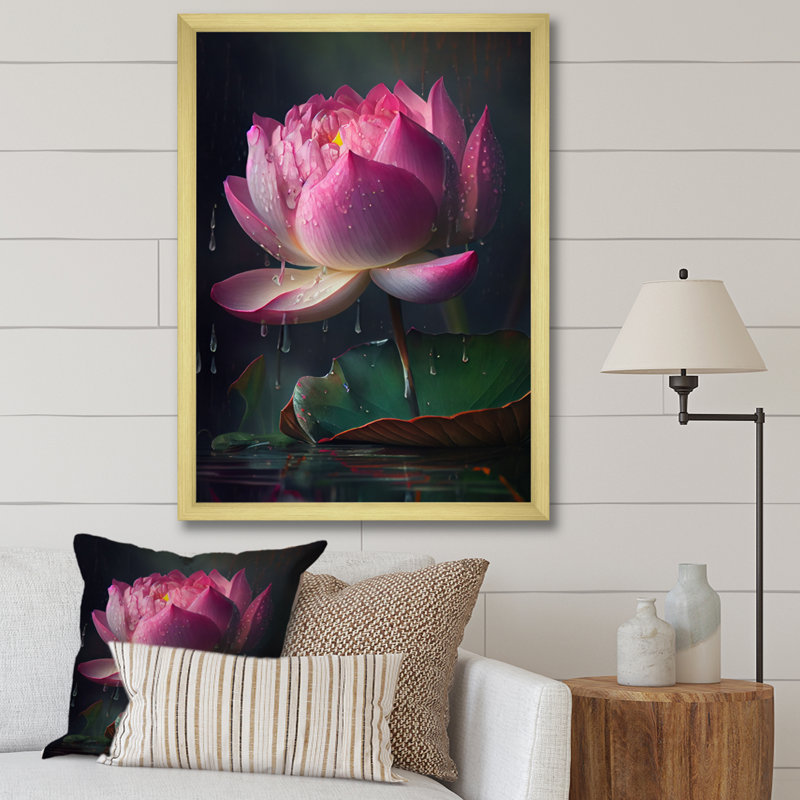 Magnifique lotus rose sur toile, Cadre doré à une seule photo, H 40 po x l 30 po x P 1,5 po