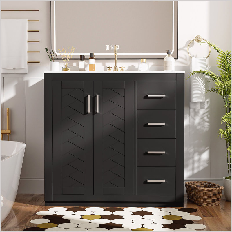 36" Bathroom Vanity with Ceramic Sink,Freestanding Vanity with 3 Drawers and Soft Closing Doors, Black