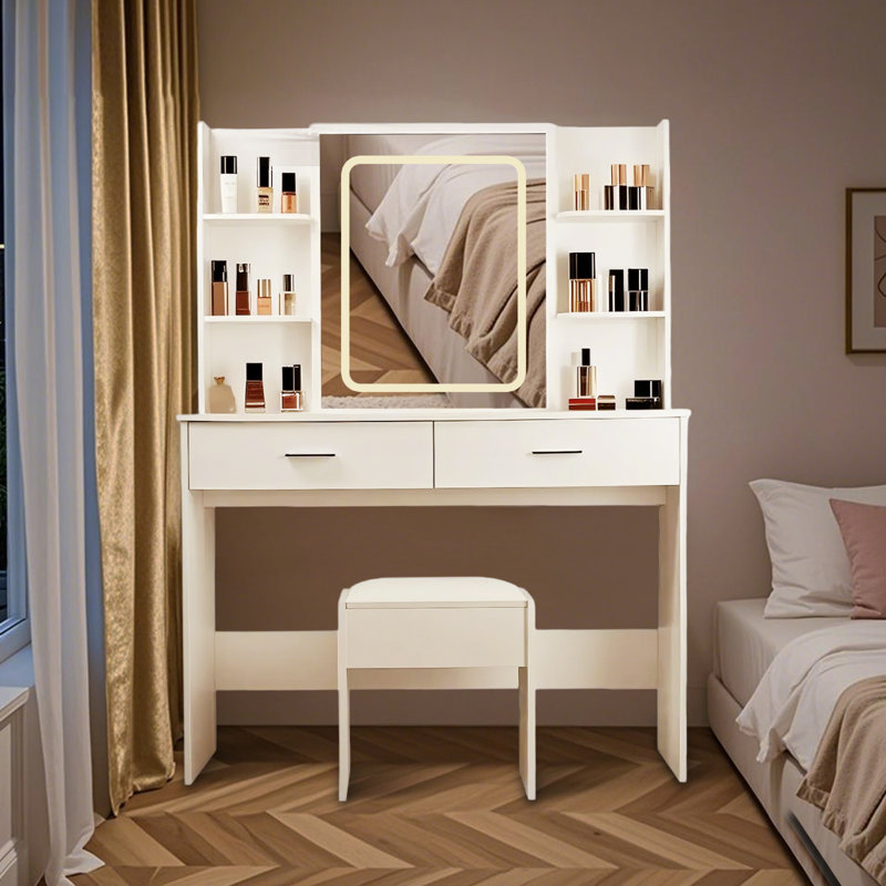 Bureau de coiffeuse avec miroir et lumières, coiffeuse de maquillage avec 2 tiroirs et 6 tablettes de rangement, 3 modes d'éclairage à luminosité réglable, coiffeuse avec prise de courant et tabouret rembourré, coiffeuse de maquillage