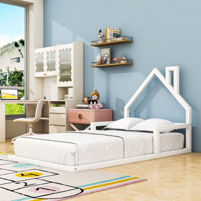 Wooden House-Shaped Floor Bed With Chimney Design