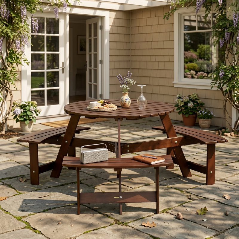 Table de pique-nique ronde 35,5 po avec 3 bancs intégrés et un trou pour parasol, brun, Brun