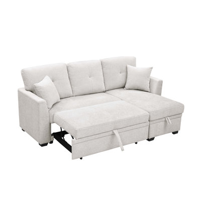 76.5" Linen Blend Upholstered Sectional Sofa With Pull-Out Bed, Reversible Storage Chaise & Tufted Design - Easy Assembly