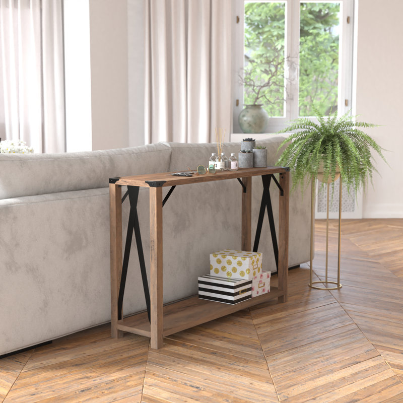 Tennley 2-Tier Console Table with Metal Side Braces and Corner Caps, Rustic Oak