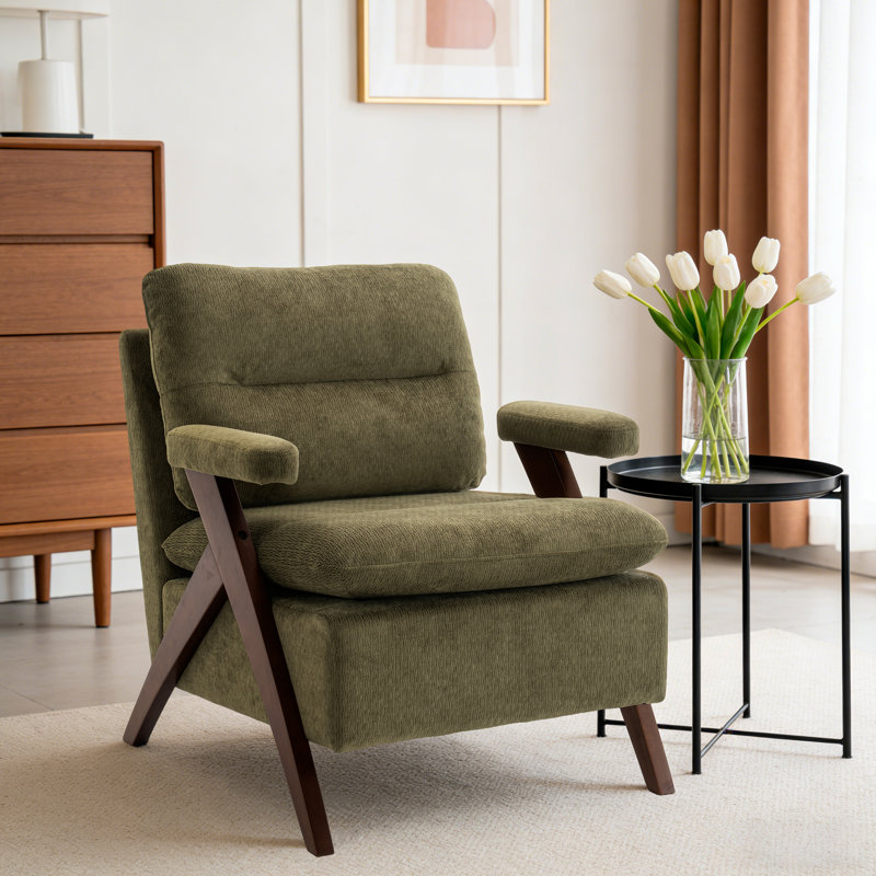 Mid Century Upholstered Arm Accent Chair with Solid Wood Legs, Green