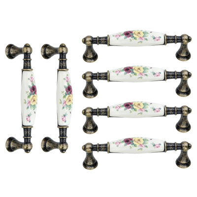 6Pcs Floral Ceramic Cabinet Pulls 3.78" Holes Center To Center Drawer Pull Antique Flower Dresser Handles For Furniture Closet Wardrobe, With Screws