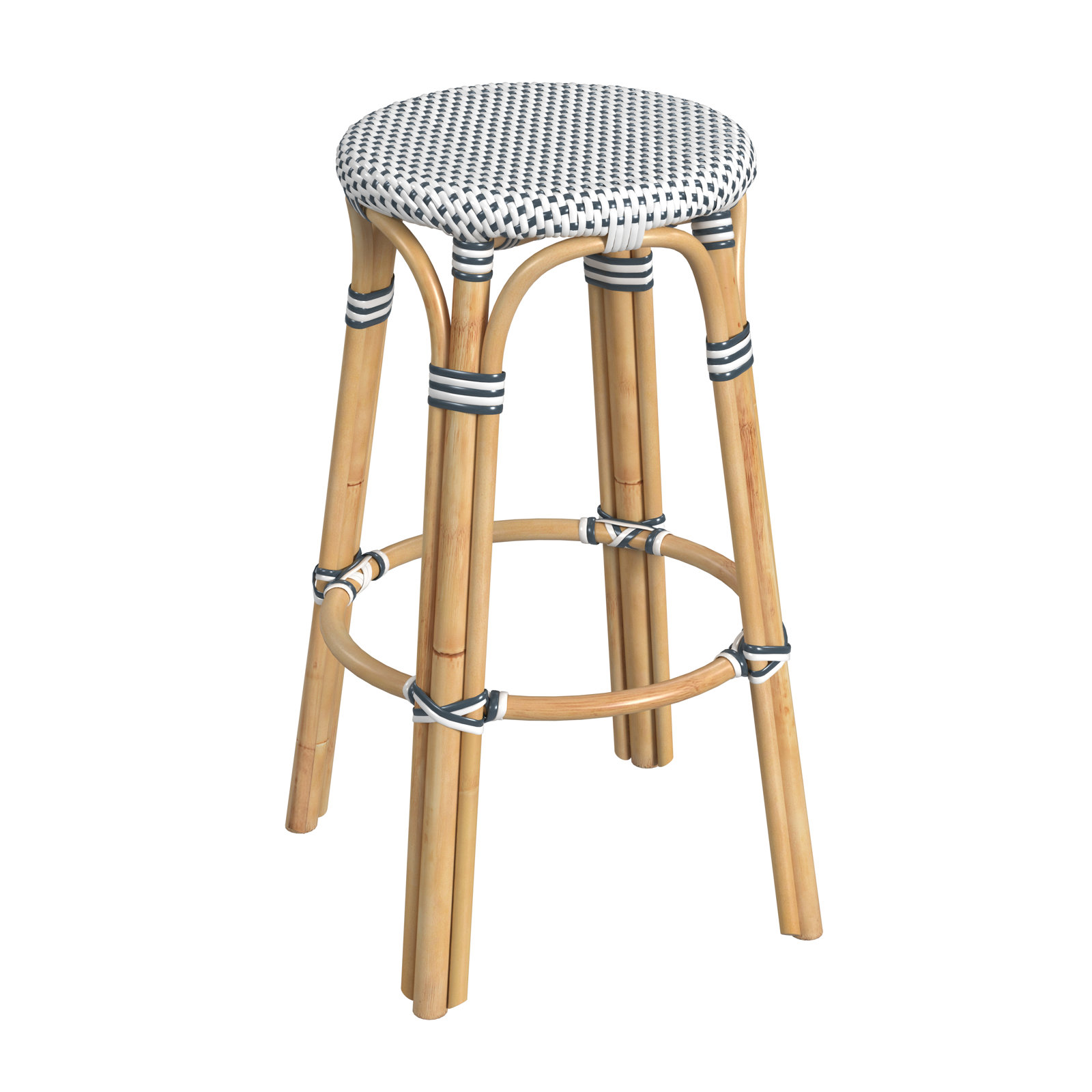 Alastair Bar & Counter Stool, Bar Stool (30" Seat Height), White/Navy Dot/Natural Rattan Frame