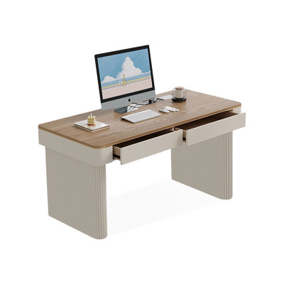 Bureau Burlywood + pierre frittée rectangulaire beige-blanc + bois manufacturé + acier avec bureau à 2 tiroirs