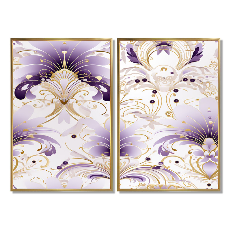 Damas mauve et blanc, motif Art déco - Damask, 36" H x 48" W, Impression encadrée flottante, Gold